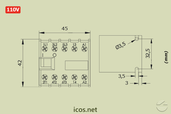Dimensiones de Mini Contactor Weg CW07 110V para la instalación eléctrica de los Sensores