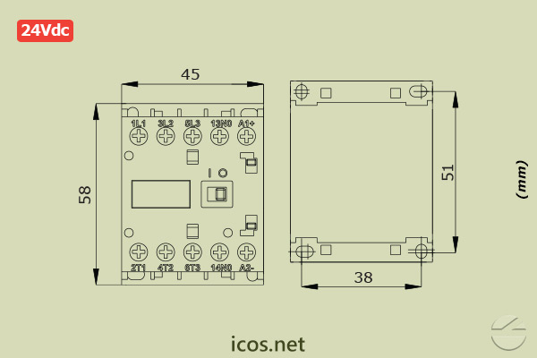 Dimensiones de Mini Contactor Weg CWC07 24Vdc para la instalación eléctrica de los Sensores